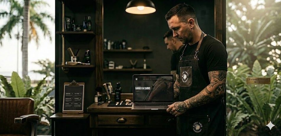 A barber stands at a wooden counter in a shop, looking at a laptop. The shop has dark shelving.
