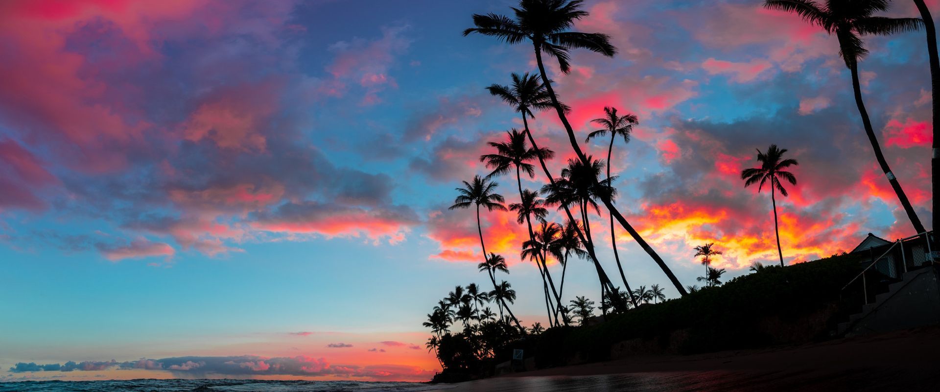 A sunset over a beach with palm trees in the foreground.