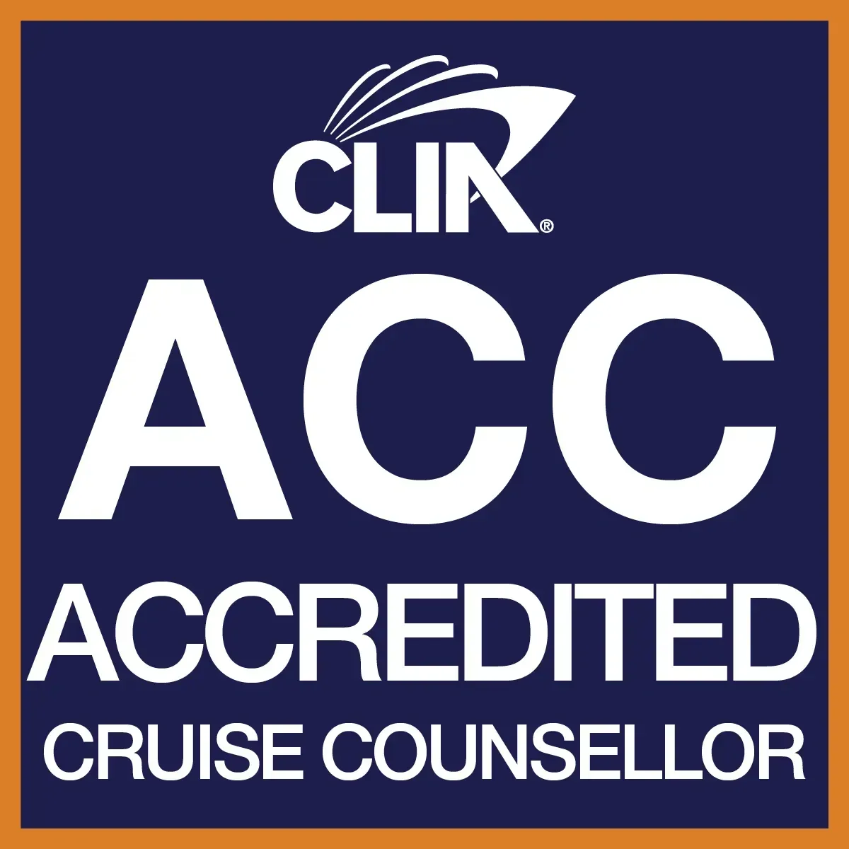 A blue sign that says clik acc accredited cruise counselor