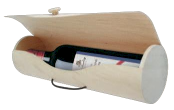 A wooden box with a bottle of wine inside of it