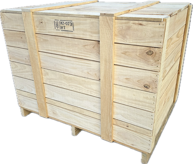 A bunch of wooden crates are stacked on top of each other in a warehouse.