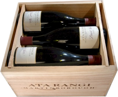 Three bottles of atarangi pinot noir in a wooden box