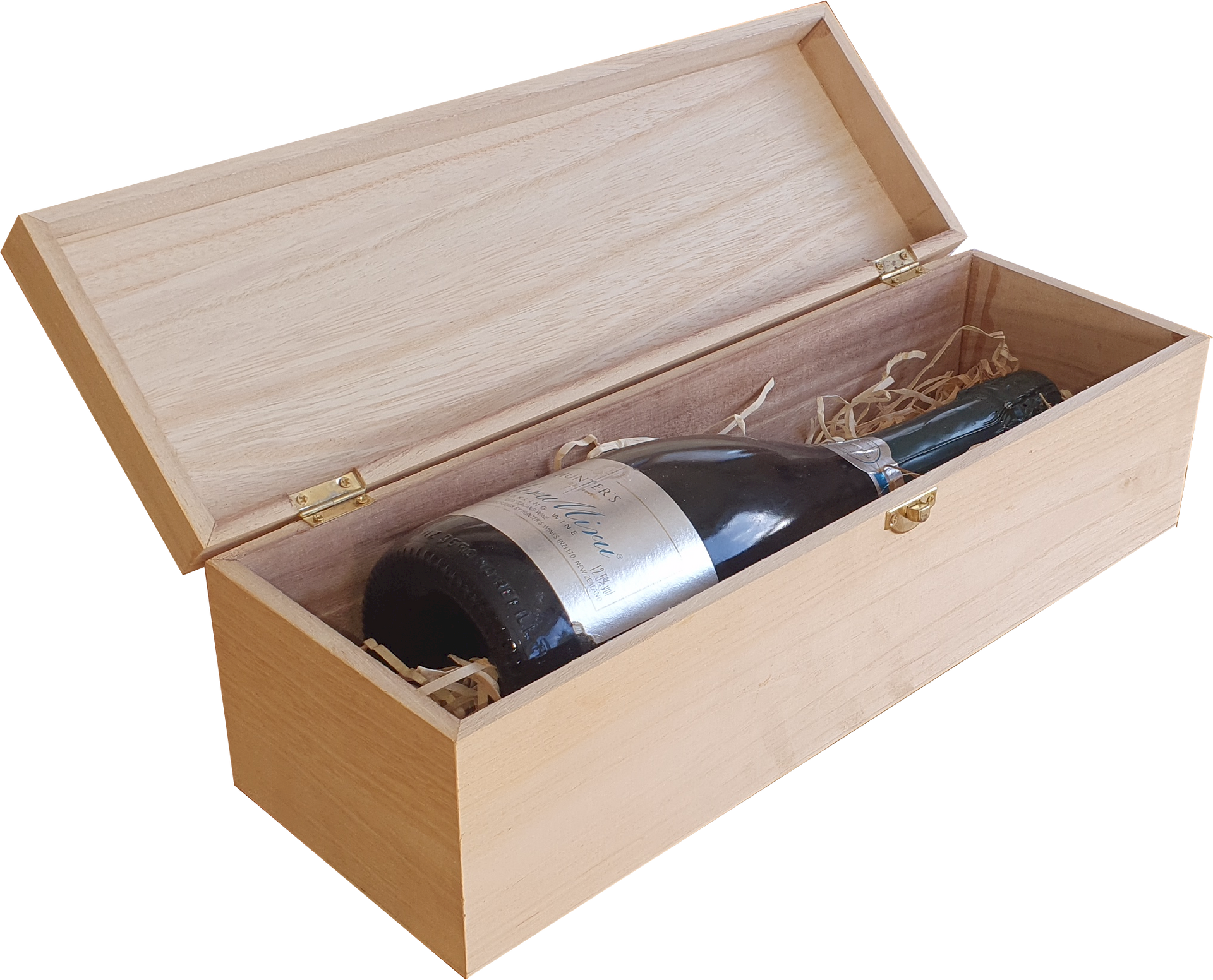 A bottle of wine in a wooden box with the lid open