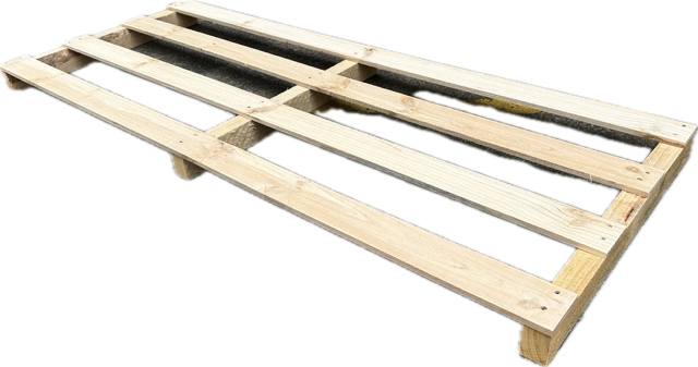 A wooden pallet is sitting on a white surface.