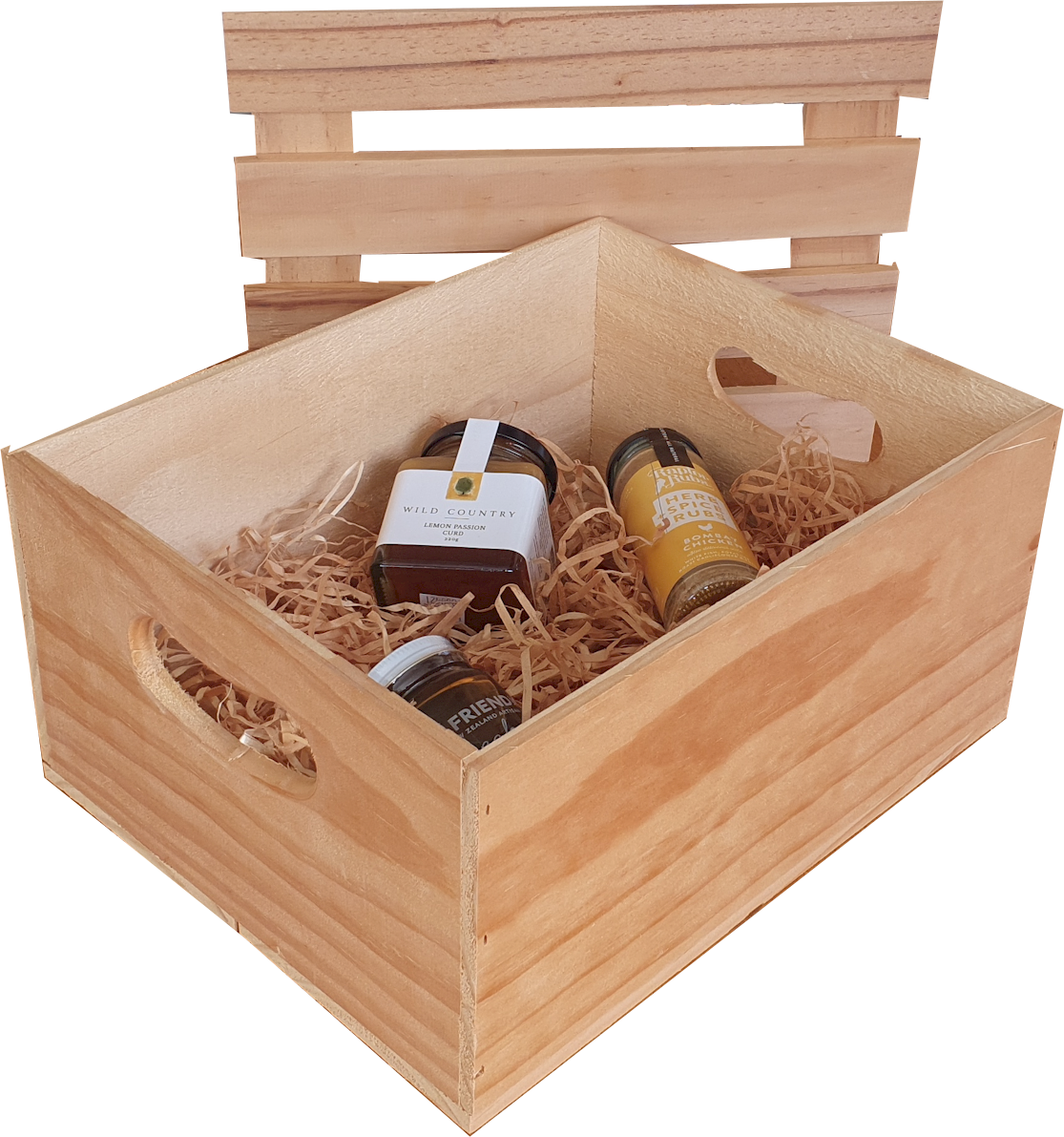 A wooden box with two jars of honey in it