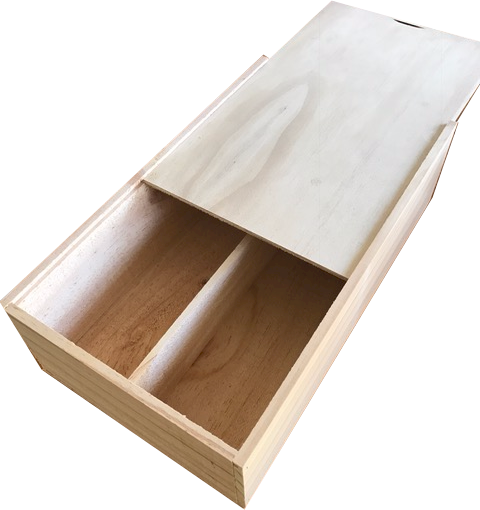 A wooden box with two compartments and a lid