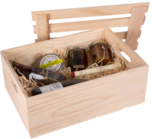 A wooden box filled with jars and a bottle of wine