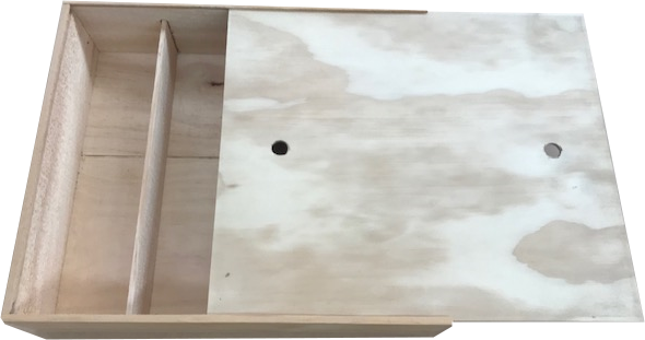 A wooden box with two dividers and a sliding lid
