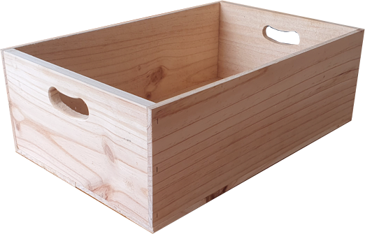 A wooden box with two handles on the side