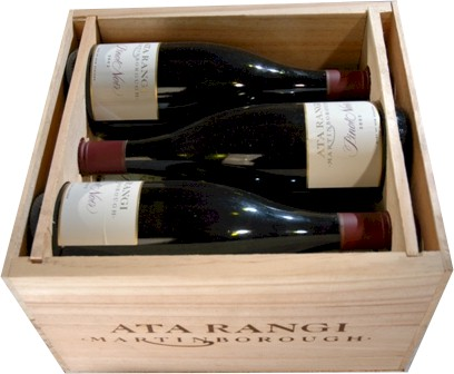 Three bottles of atarangi wine in a wooden box