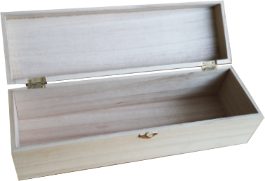 An empty wooden box with the lid open