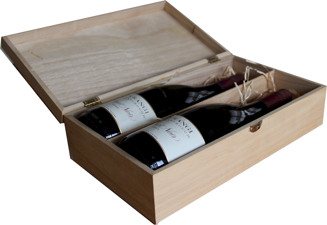 Two bottles of wine are in a wooden box