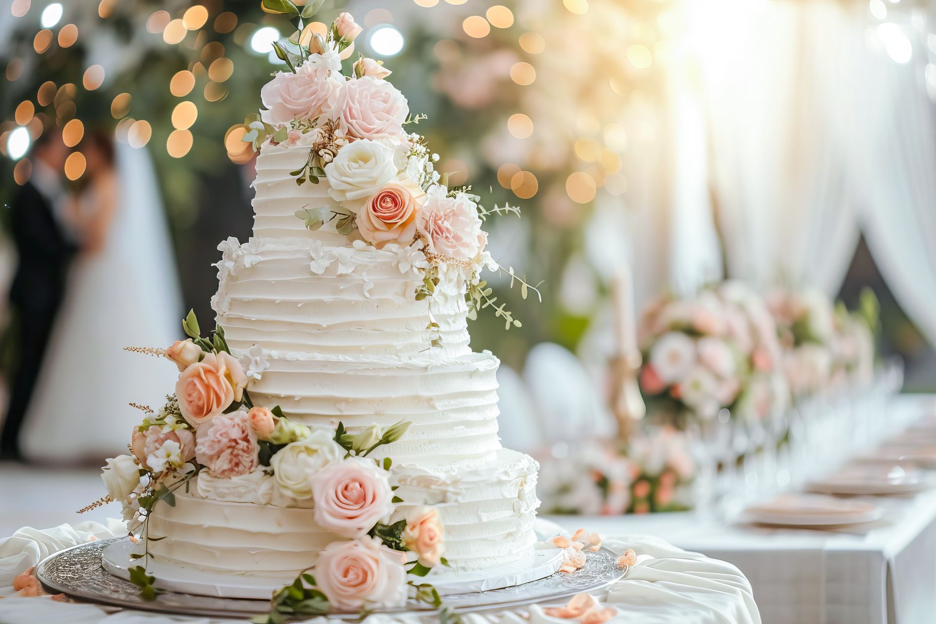 A wedding cake with flowers on it is sitting on a table.
