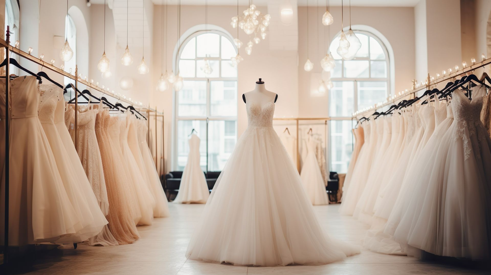 A room filled with lots of wedding dresses on mannequins.