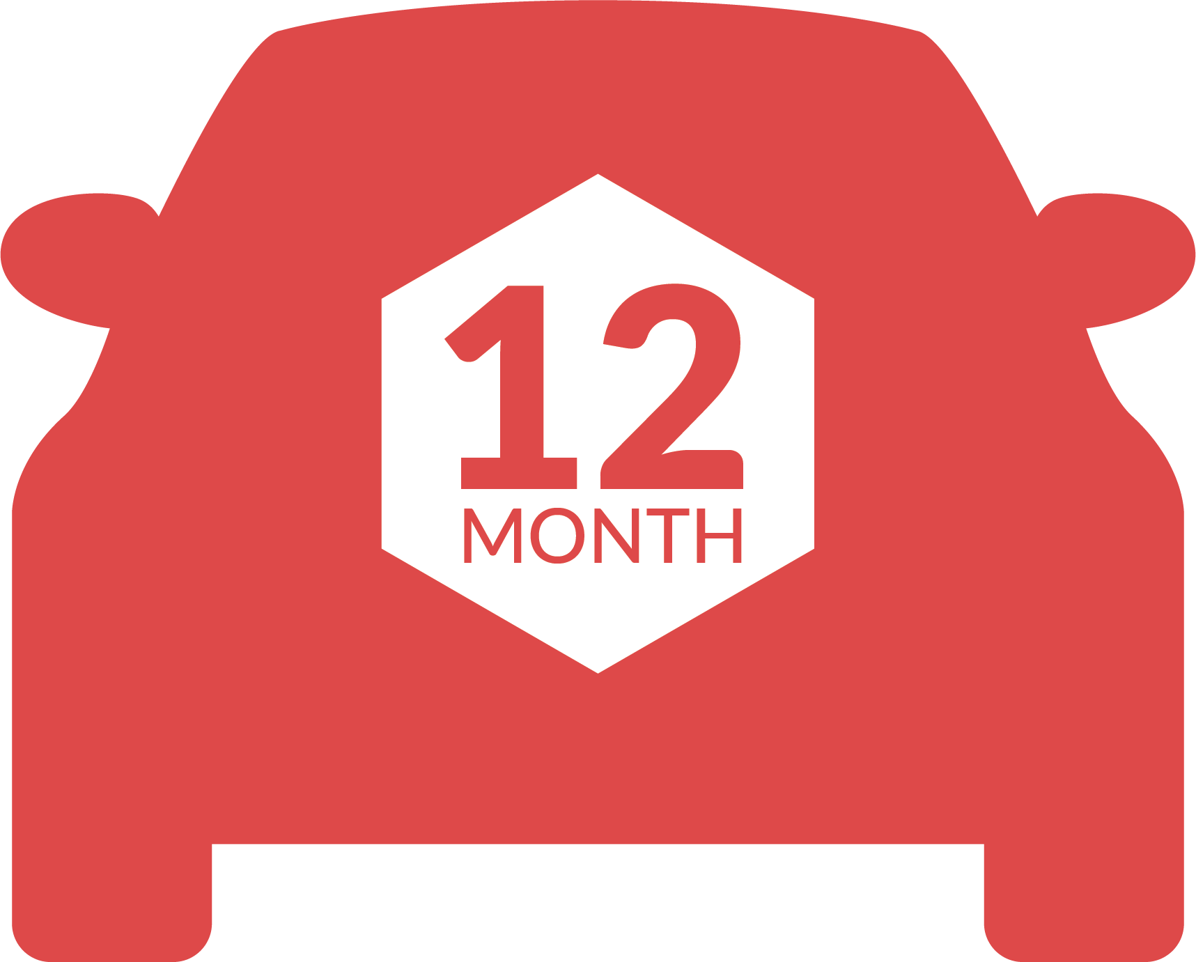 A red car with a white hexagon with the number 12 on it.