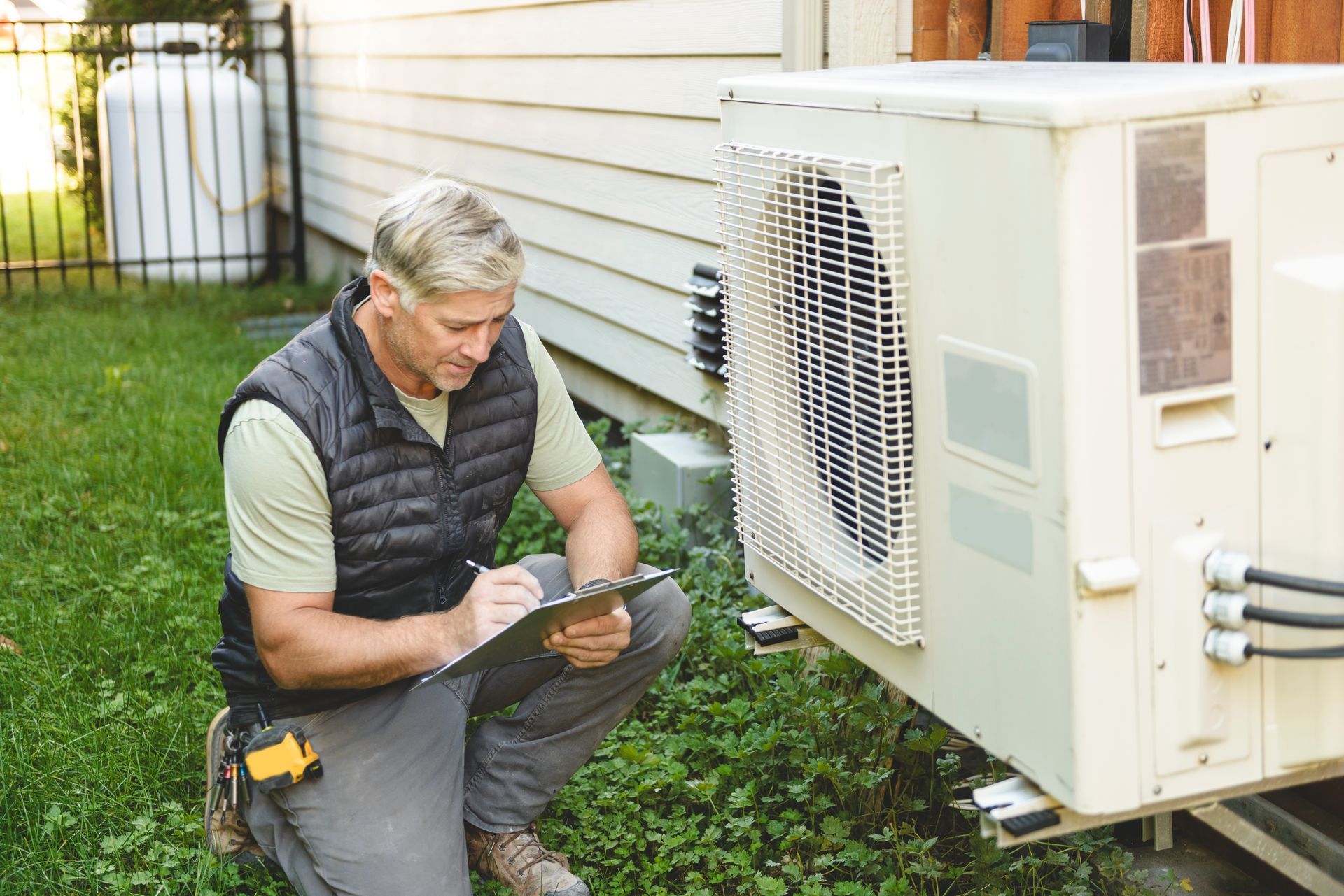 Man inspecting outdoor AC unit, writing on a clipboard. Green grass, white house, cloudy day.