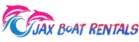 A logo for Jax Boat Rentals with two dolphins on it