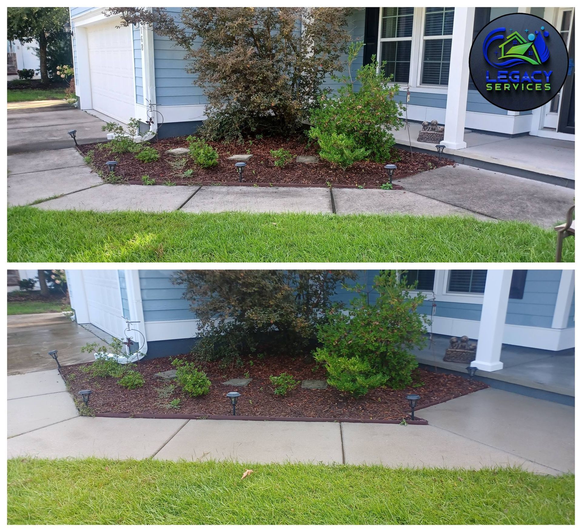 A before and after picture of a lawn in front of a house