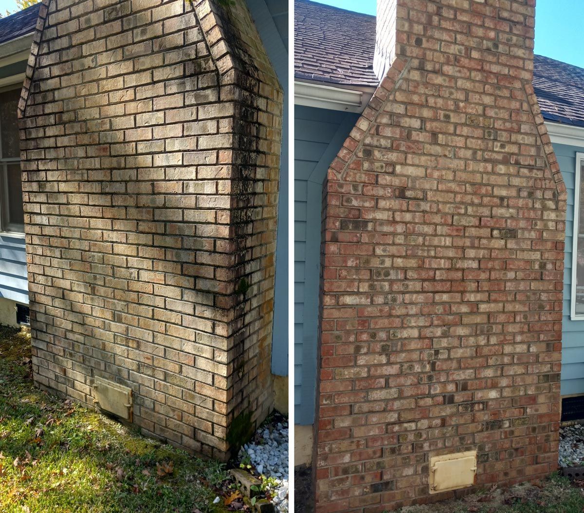 A before and after picture of a brick chimney on a house.