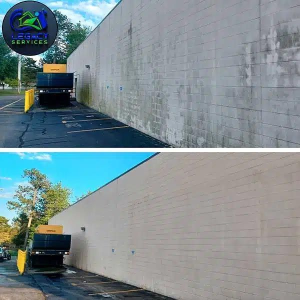 A before and after picture of a brick wall being cleaned by legacy services.