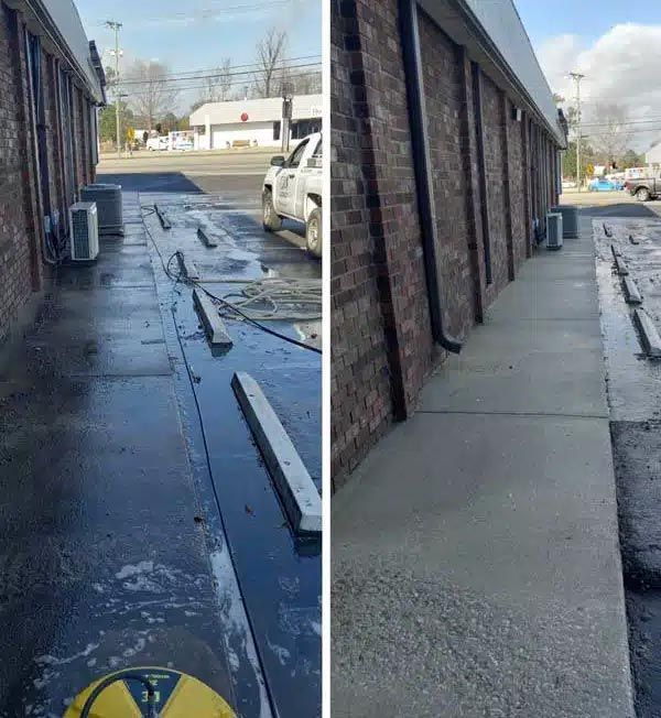 A before and after photo of a sidewalk in front of a building.