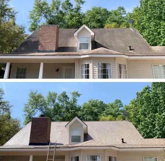 A before and after picture of a house with a ladder on the roof.