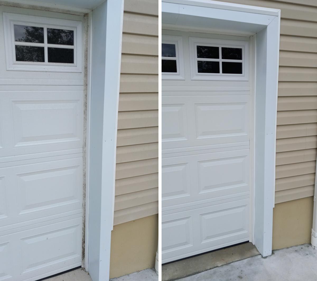 A before and after picture of a garage door on a house.