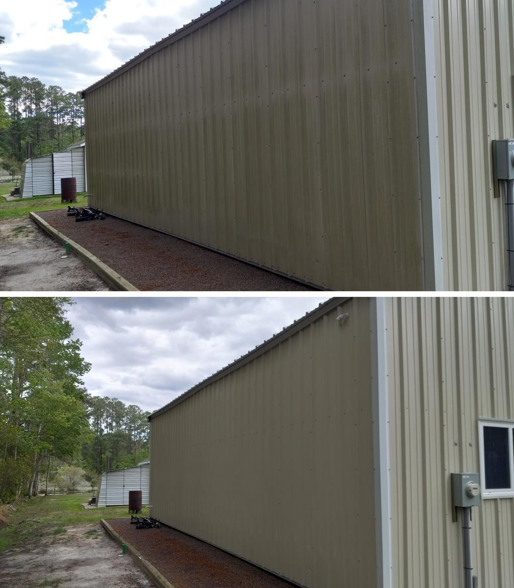A before and after picture of a metal building.