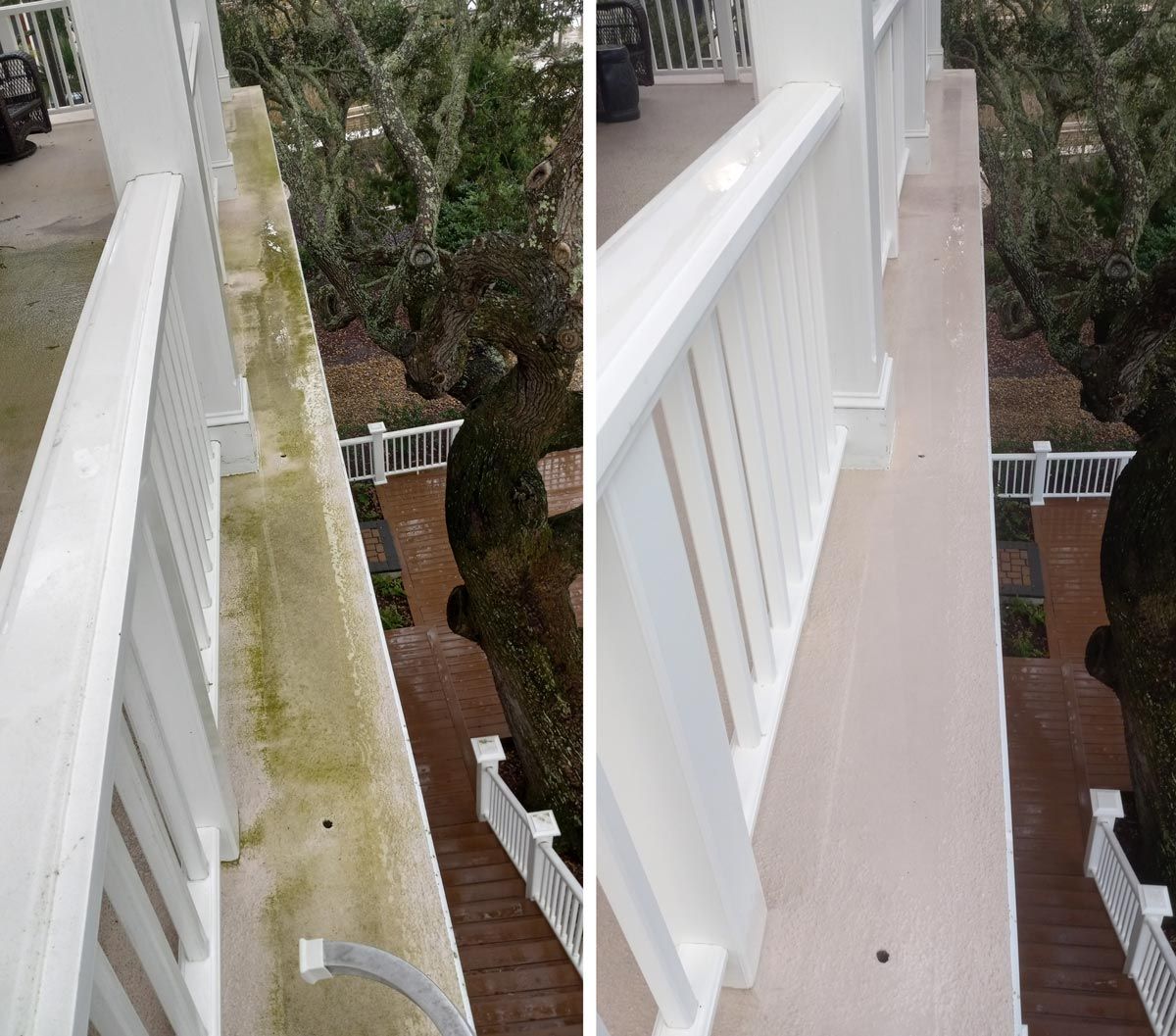 A before and after picture of a balcony with a white railing