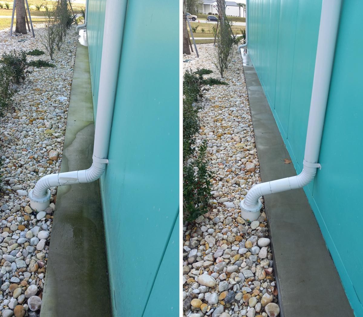A before and after picture of a drain on the side of a building.