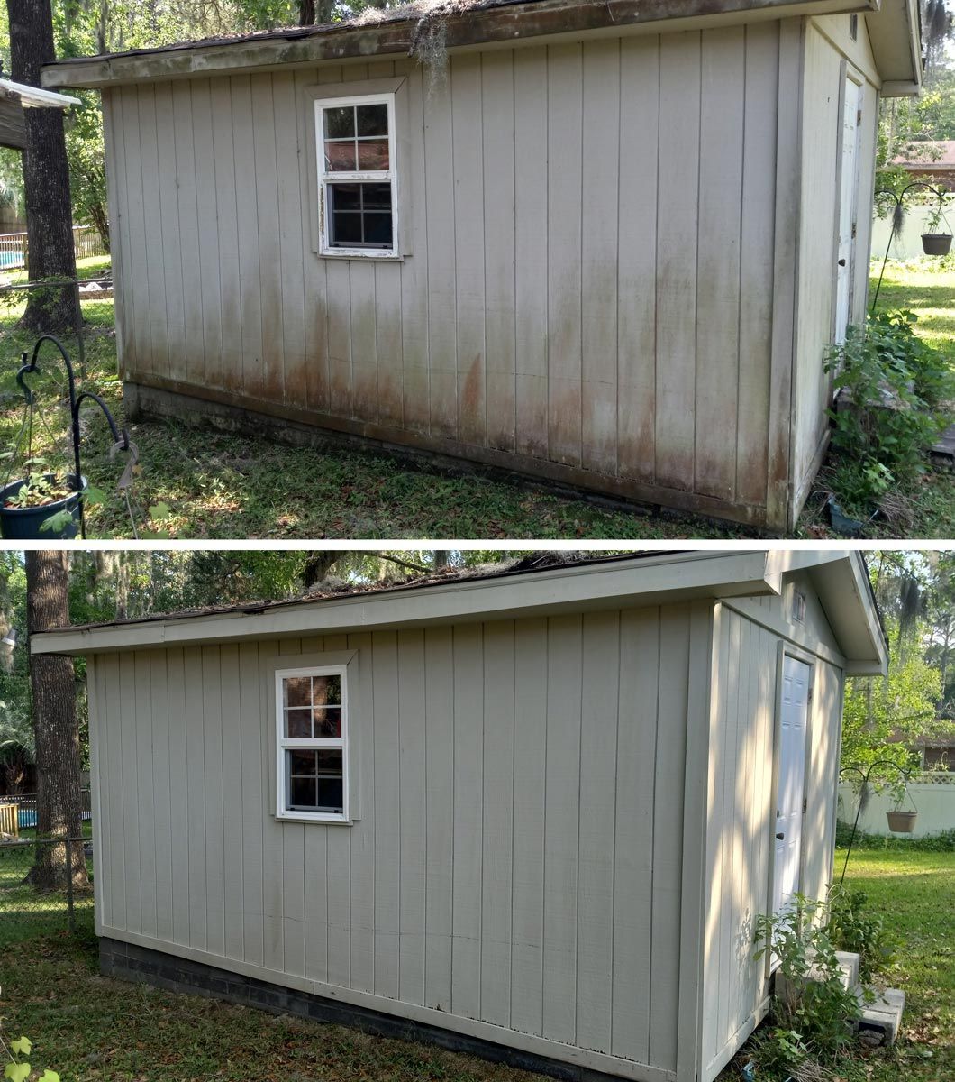 A before and after picture of a shed in a yard.