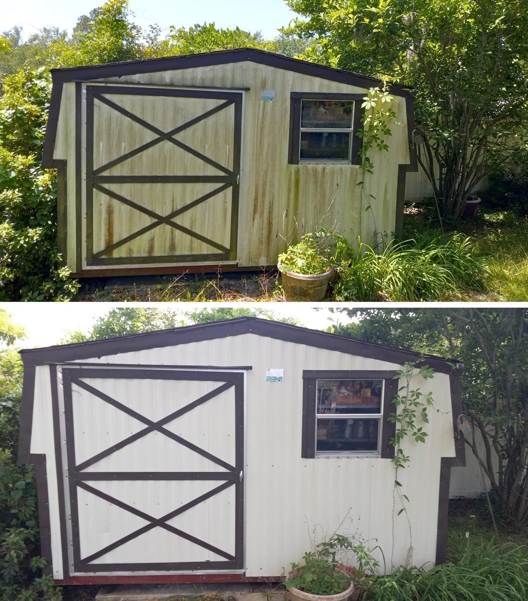 A before and after picture of a white shed