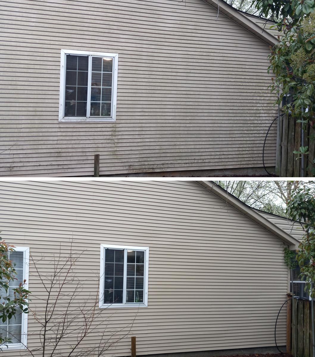 A before and after picture of a house with two windows.