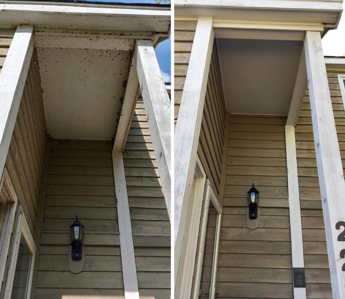 A before and after picture of a porch on a house.