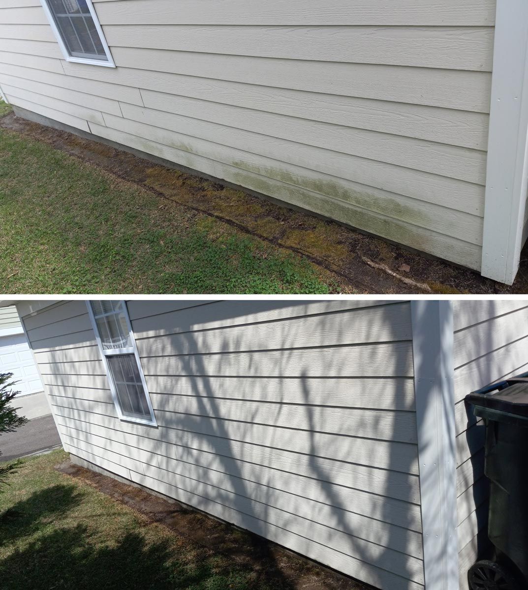 A before and after picture of a house 's side.
