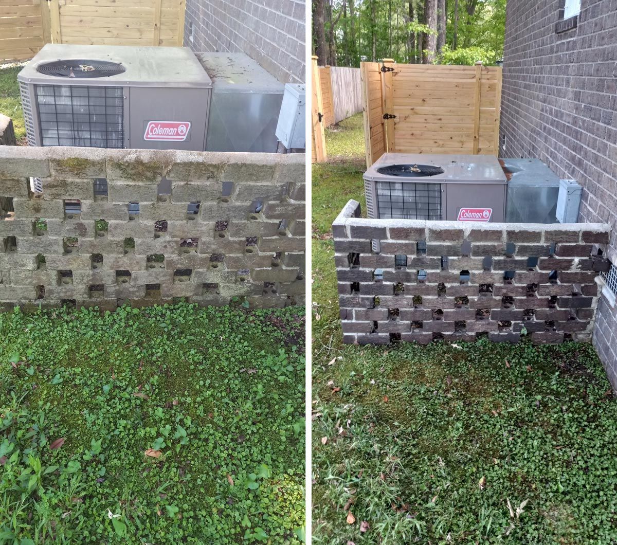 A before and after picture of a brick wall with an air conditioner in it.