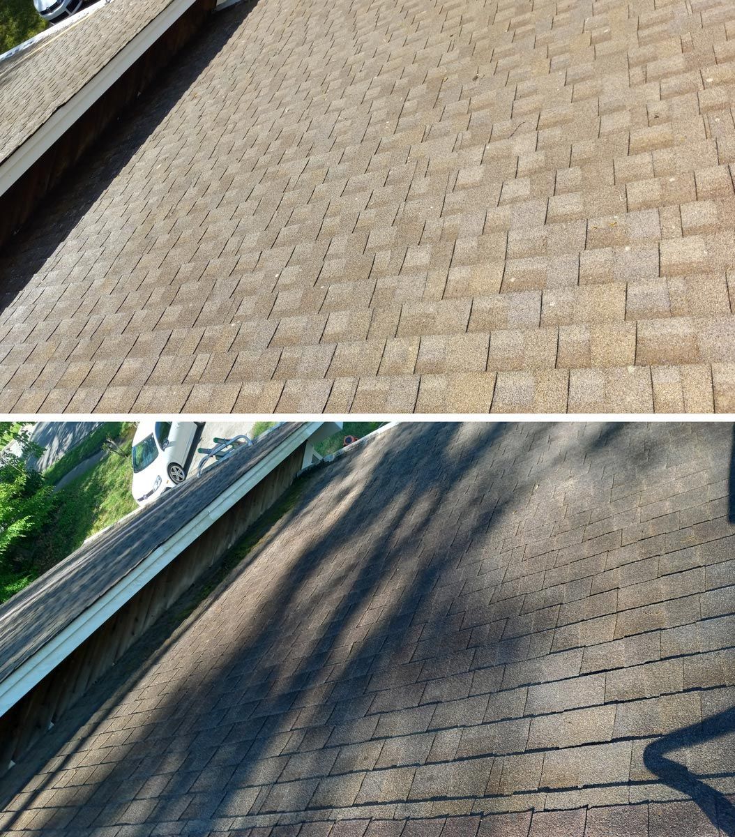 A before and after picture of a roof