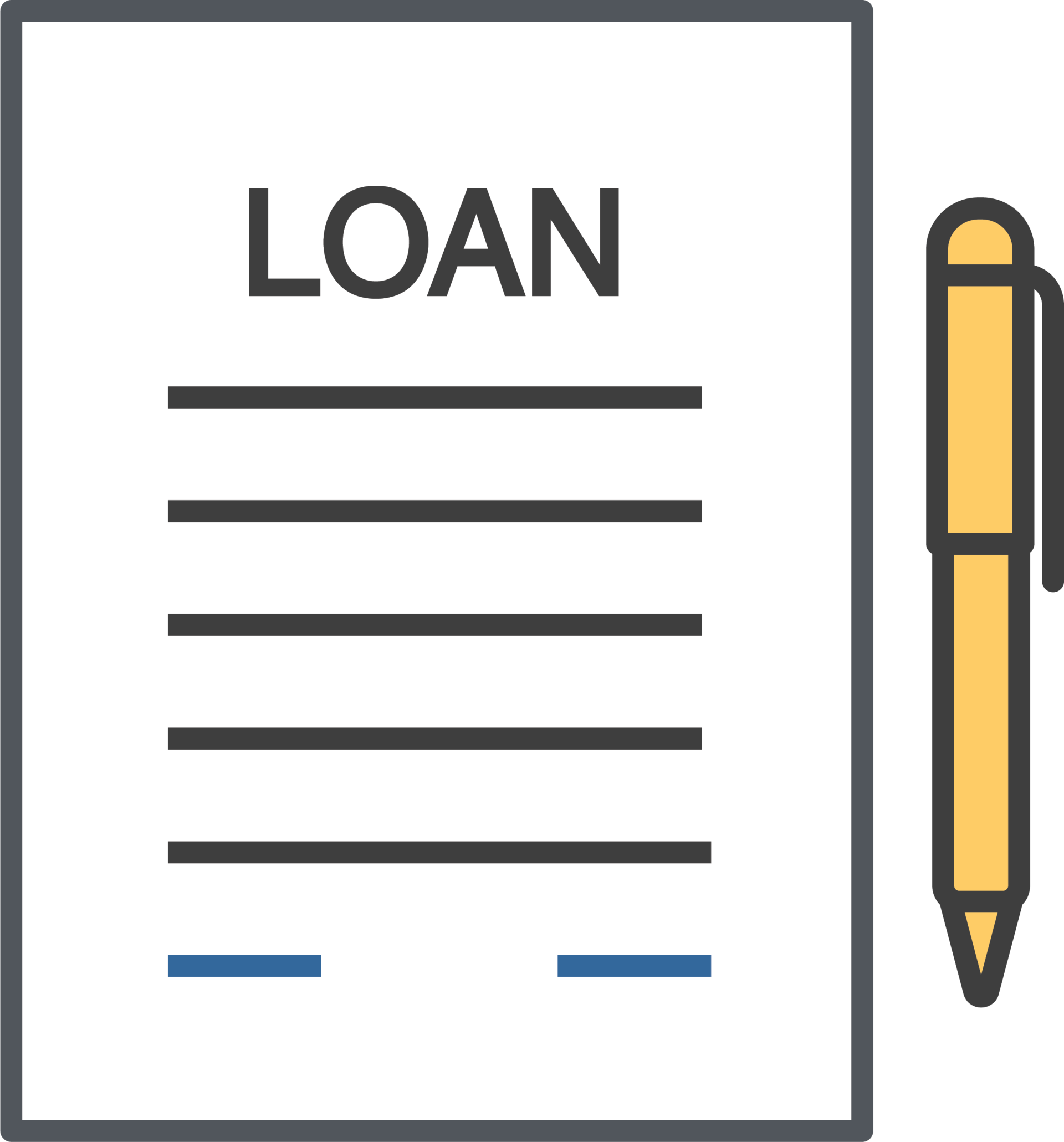 icon of a document that says LOAN with a pen sitting next to it