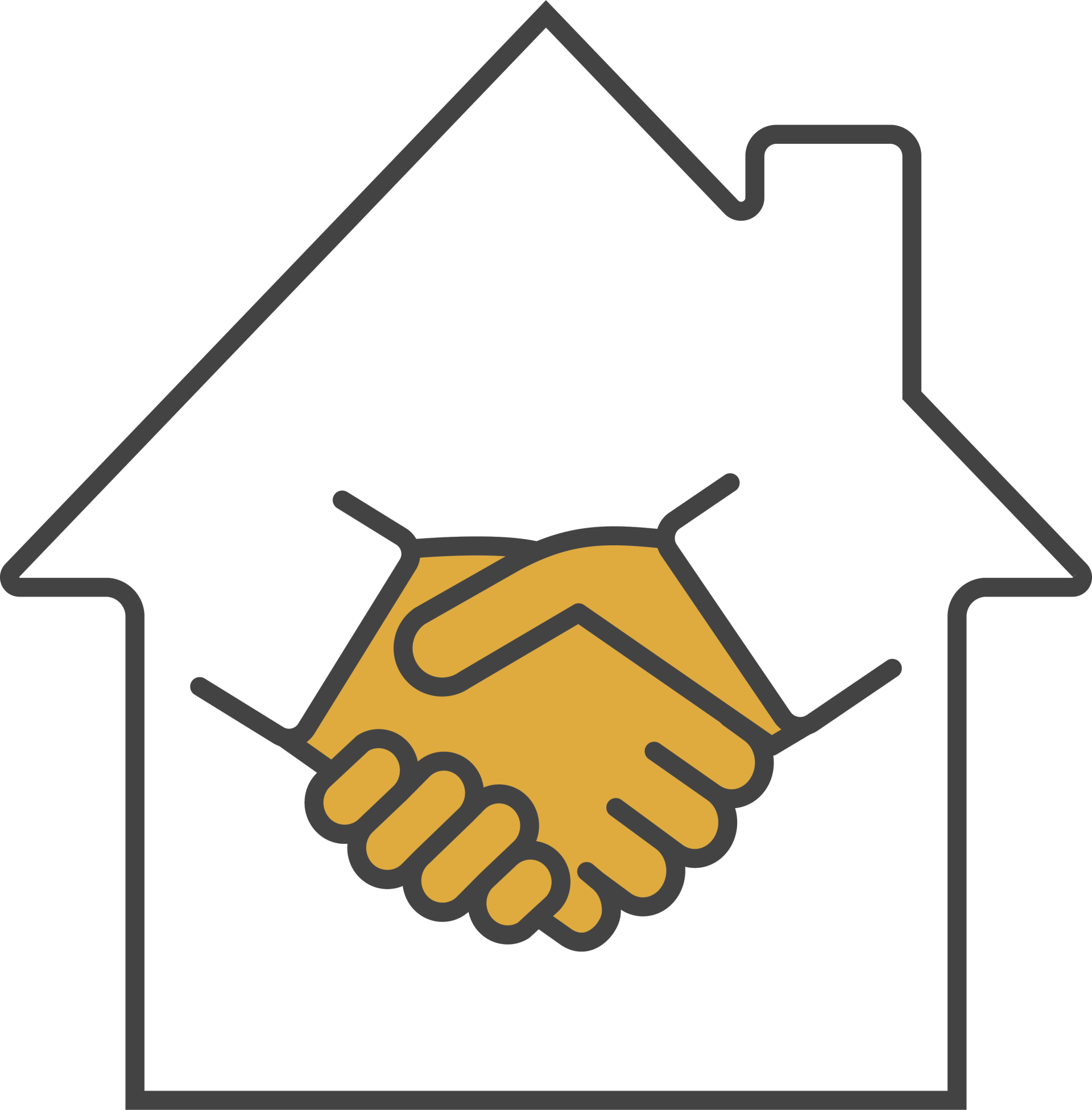 icon of a house with two shaking hands meeting in the middle