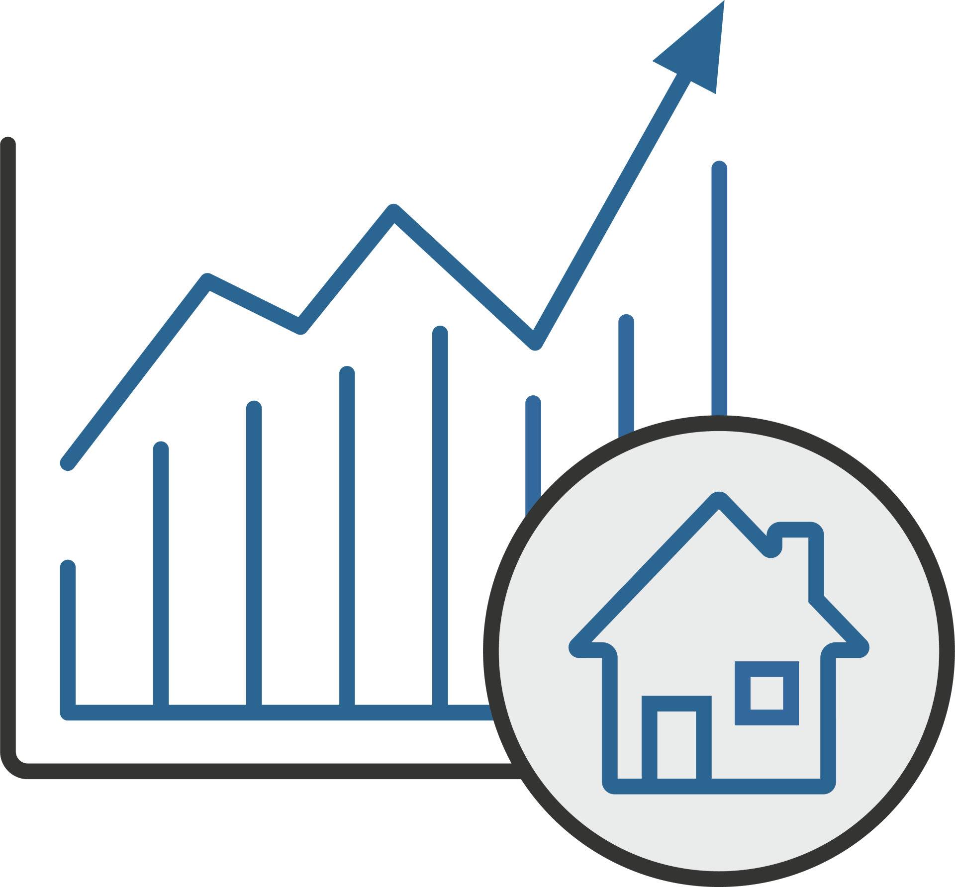 icon of a graphic chart with an arrow going up and a small circle in front with a house icon inside it