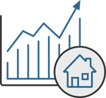 icon of a graph with an arrow going up and a small circle in the front with a house inside