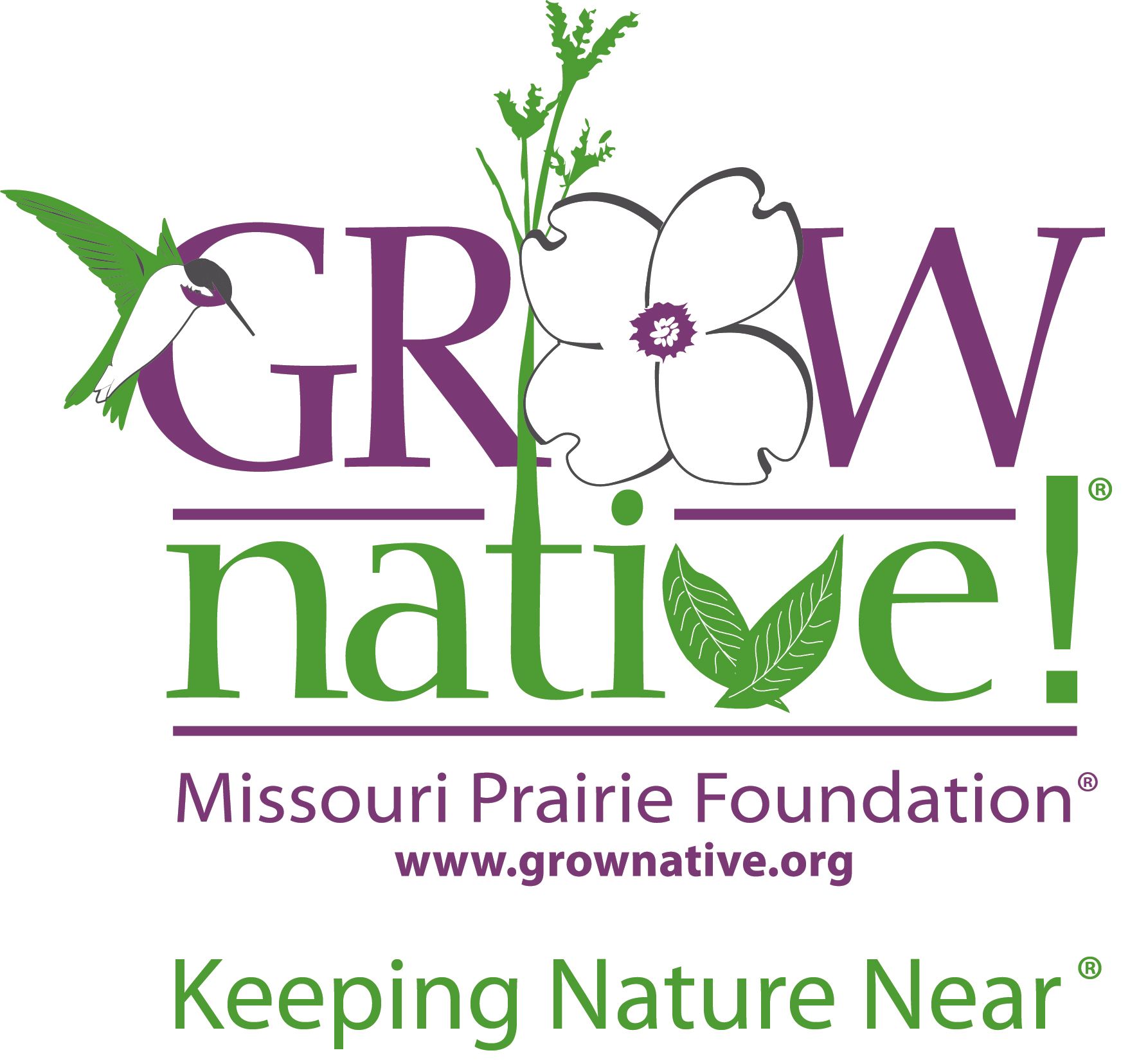 Logo for Grow Native! with text and floral elements: a hummingbird, flower, and leaves.