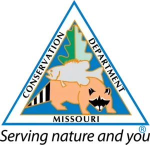 Missouri Conservation Department logo: triangle with a raccoon, fish, tree, and text