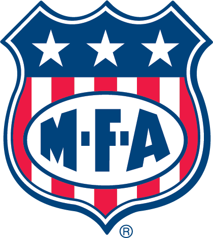 Shield logo with red and white stripes, three stars, and