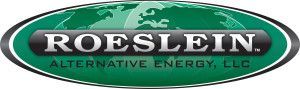 Logo for Roeslein Alternative Energy, LLC, in an oval green frame, with a world map and the name in white text.