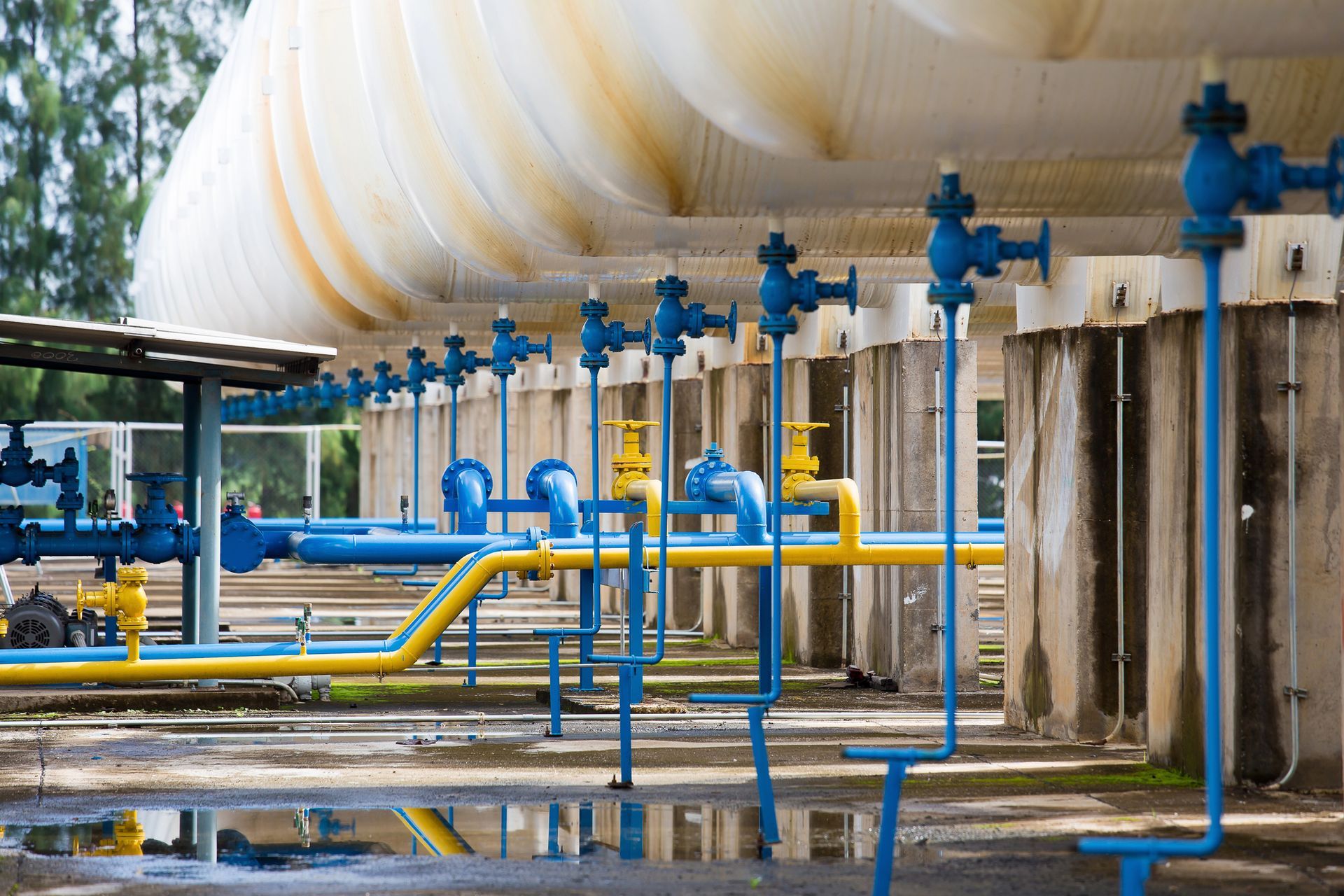 Una serie di tubi industriali con valvole blu e linee di collegamento gialle in una struttura esterna.