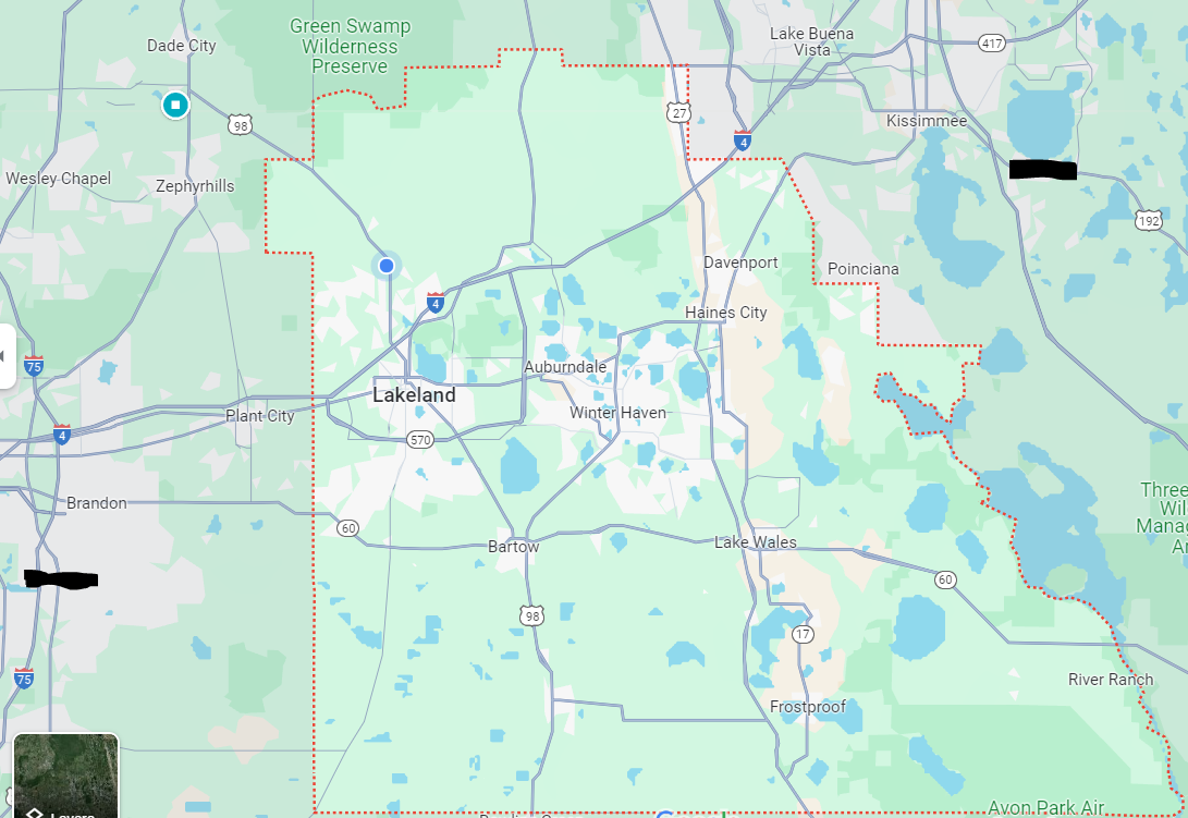 Service area map of Polk County, Dade City, Plant City, Wesley Chapel and Zephyrhills