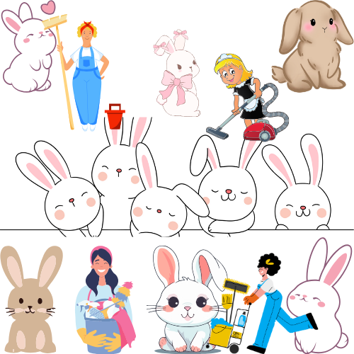 A group of rabbits are standing next to each other on a white background.