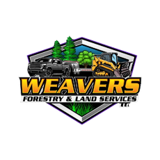 Logo for Weavers Forestry & Land Services. A truck, trailer, and tractor with trees.