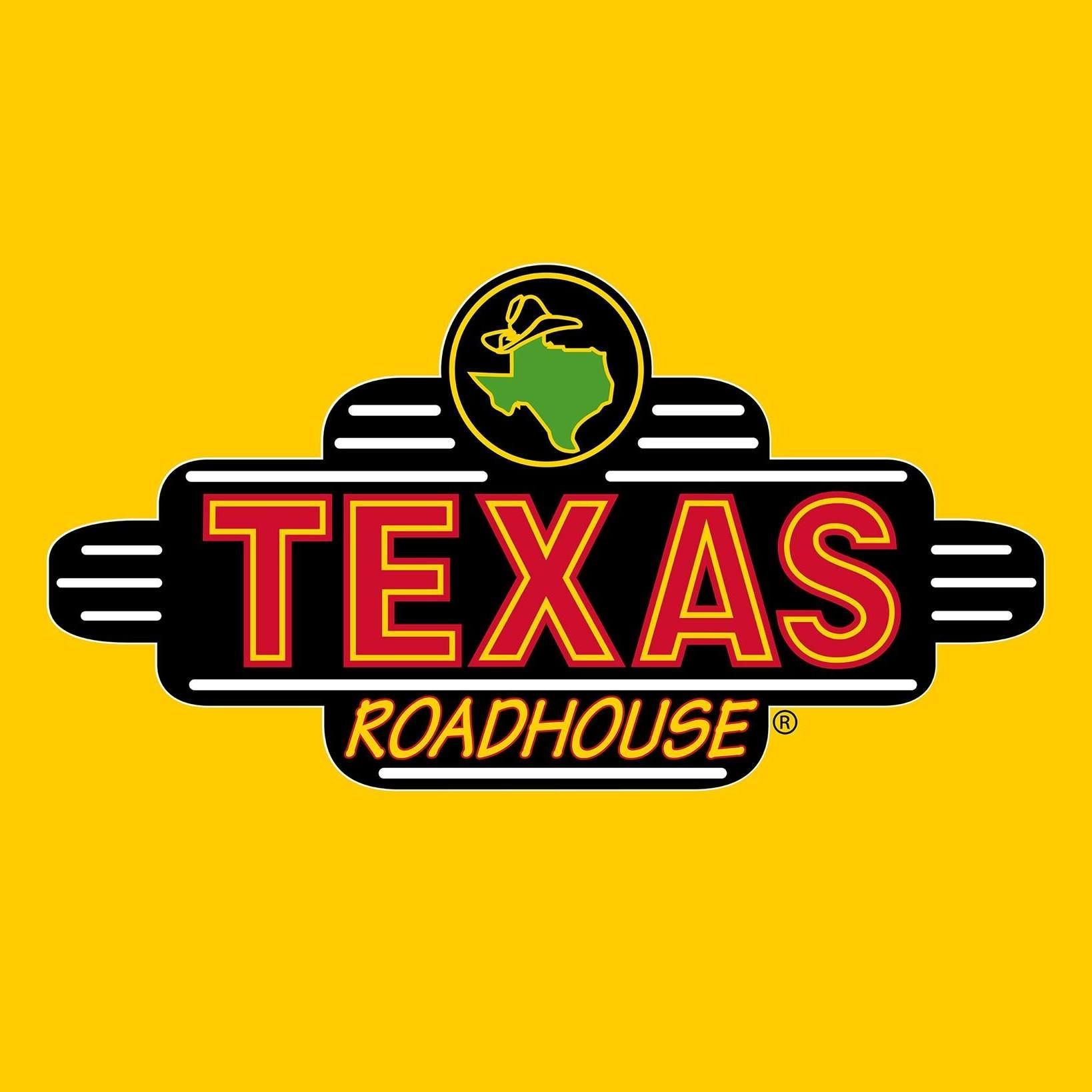 The texas roadhouse logo is on a yellow background.